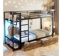 DUlVBPE Litera de 90 x 200 cm, marco de hierro, 2 cajones, varios estantes, barra de luz LED, con barra para colgar, colchón no incluido, color negro