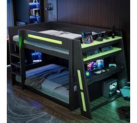 DUlVBPE Litera de madera para videojuegos de 140 x 200 cm, con escritorio, dos estantes, puerto USB e iluminación LED, color negro y verde