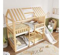 DUlVBPE Litera infantil de 90 x 200 cm con techo a dos aguas, color blanco y natural, cama alta con estante y tobogán de 35 cm, ascenso seguro, ideal para familias con dos niños, EN 747, sin colchón