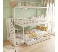 DUlVBPE Litera para cama infantil, 90 x 200 cm, madera maciza, diseño de barandilla de seguridad, con compartimento de almacenamiento y escalera de seguridad, color blanco, para niños y niñas