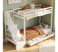 DUlVBPE Litera para niños, cama doble, cama infantil multifuncional, con armario de escaleras y 2 cajones, sin colchón, el nivel inferior se utiliza como cama o sofá y contiene cojines, blanco, 90 x