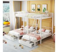 DUlVBPE Litera triple con cajones, marco de cama de metal, convertible en cama doble de 140 x 200 cm y dos camas individuales de 90 x 200 cm, cama multifuncional de metal, color blanco