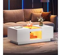 DUlVBPE Mesa de centro blanca 100 x 50 x 35,5 cm, con revestimiento de cristal, iluminación LED, control de aplicación, 2 cajones y 1 compartimento abierto