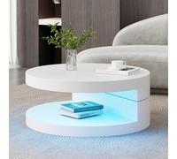 DUlVBPE Mesa de centro de 70 x 70 x 35,5 cm, mesa superior giratoria 360°, mesa de sofá giratoria con barra de luz LED, mesa cilíndrica de salón de MDF, soporta hasta 30 kg, estructura de 2 capas