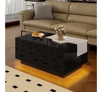 DUlVBPE Mesa de centro de alto brillo con iluminación LED, mesa extensible en blanco y negro, espacio de almacenamiento oculto y cinta de luz ajustable de 16 colores, la elección ideal para una