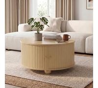 DUlVBPE Mesa de centro, mesa de café redonda, mesa de salón, estructura en relieve vertical envolvente, dos puertas correderas, cuerpo de MDF, asas de metal, patas de metal esféricas, cuatro