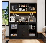 DUlVBPE Moderno armario alto de cocina con iluminación LED inteligente, armarios altos para el salón, armario lateral con botellero y seguridad basculante, estantes empotrables ajustables, color negro