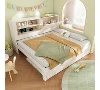 DUlVBPE Sofá cama doble 140 × 190 cm con cama nido de 90 × 190 cm, marco de cama blanco con espacio de almacenamiento, compartimento abierto, espacio de almacenamiento plegable oculto, base de carga