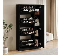 DUlVBPE Zapatero moderno con espejo, 4 compartimentos de almacenamiento plegables, estante ajustable detrás del espejo derecho, ideal para el pasillo, color negro, dimensiones: 80 x 147 x 24 cm