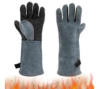 Dulynva Guantes Soldador de Cuero Guantes de Soldadura Ignifugos guantes para Horno, Parrilla, Barbacoa, Jardineria, Trabajo, Forge, chimenea, manipulación de animales guante (Gris-Negro,40cm/16)