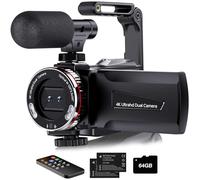 Dumjug Videocámara 4K, cámara dual de 64 MP UHD para YouTube, zoom digital 21X, pantalla IPS con micrófono externo, estabilizador, control remoto, 2 baterías, control remoto, tarjeta de memoria