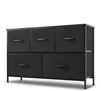 DUMOS Cómoda con cajones, cómoda y aparador para Dormitorio, Armario de 5 cajones, cómoda de Tela con Marco de Acero Estable, Ideal para Dormitorio, salón (Negro)