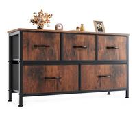 DUMOS Cómoda con cajones, cómoda y aparador para Dormitorio, Armario de Cocina con 5 cajones, cómoda de Tela con Marco de Acero Estable, Ideal para Dormitorio, salón (Color Madera)