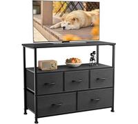 DUMOS Cómoda con cajones - cómoda y aparador para Dormitorio, Armario de Cocina con 5 cajones, Mueble de TV con Marco de Acero Estable, Ideal para Dormitorio, salón (Negro)