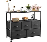 DUMOS Cómoda con cajones - cómoda y aparador para Dormitorio, Armario de Cocina con 5 cajones, Mueble de TV con Marco de Acero Estable, Ideal para Dormitorio, salón (Negro)