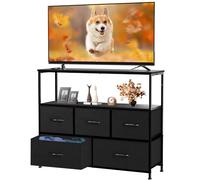 DUMOS Cómoda de TV con 5 cajones de almacenamiento de tela, consola multimedia con estante abierto para TV de 45 pulgadas, unidad de entretenimiento compacta para dormitorio, espacio de estar u