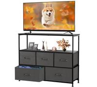 DUMOS Cómoda de TV con 5 cajones de almacenamiento de tela, consola multimedia con estante abierto para TV de 45 pulgadas, unidad de entretenimiento compacta para dormitorio, espacio de estar u
