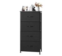 DUMOS Cómoda para dormitorio, 4 cajones, organizador de armario de tela alta, muebles de torre con marco de metal superior de madera para guardería, sala de estar, armario, color negro