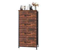 DUMOS Cómoda para dormitorio, 4 cajones, organizador de armario de tela alta, muebles de torre con marco de metal superior de madera para ropa, habitación de los niños, sala de estar, marrón