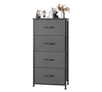 DUMOS Cómoda para dormitorio, 4 cajones, organizador de armario de tela alta, muebles de torre con marco de metal superior de madera para guardería, sala de estar, armario, gris