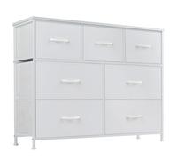 DUMOS Cómoda para Dormitorio con 7 cajones de Tela, Organizador Alto para Ropa, Armario, habitación Infantil, Torre de Almacenamiento con Armario Marco de Metal, Placa de Madera, Muebles Ligeros para