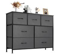 DUMOS Cómoda para dormitorio con 7 cajones de tela, unidades organizadoras para ropa, armario, habitación de los niños, torre de almacenamiento con armario, marco de metal, parte superior de madera