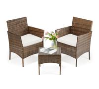 DUMOS Juego de muebles de patio de 3 piezas, muebles de mimbre para exteriores con mesa auxiliar, sillas modernas de ratán con sofá para jardín, terraza, porche, balcón, césped, marrón
