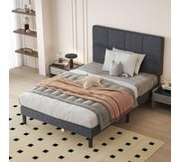 DUMOS Marco de cama individual con cabecero, cama de plataforma individual de madera, no necesita somier, marco de cama tapizado de tela con cabecera ajustable, soporte de 800 libras, sin ruido, gris