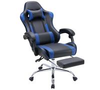 DUMOS Silla ergonómica de escritorio para juegos, de piel sintética, reclinable, con reposapiés, soporte lumbar, reposacabezas, reposabrazos fijos, altura ajustable, giro de 360°, azul, para adultos
