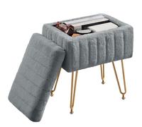 DUMOS Taburete de tocador, otomano con Almacenamiento, reposapiés pequeño y Suave para Maquillaje, Asiento de Piel sintética de Estilo Moderno con 4 Patas de Metal y pies Ajustables para vestirse