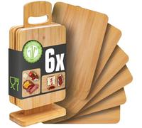DuneDesign Juego de 6: Tabla de Cortar con Soporte - 22x15 Platos para Tapas de Bar - Tabla para Quesos y Aperitivos Bandeja de Bambu Tabla Corte Madera - Tabla Cocina Pequeña Bandejas Servir