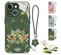 Dunhuang Lotus Lanyard Hard Case for iPhone, All-Inclusive Lens Design Phone Cover, Curranet Phone Case, 17/16/15/14/13 Pro Max, Full-Coverage Drop Protection Phones Cases (for iPhone 15,Green)