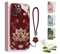 Dunhuang Lotus Lanyard Hard Case for iPhone, All-Inclusive Lens Design Phone Cover, Curranet Phone Case, 17/16/15/14/13 Pro Max, Full-Coverage Drop Protection Phones Cases (for iPhone 15promax,Red)