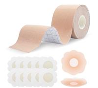 Dunkwckore Pezoneras Adhesivas Invisibles, Sujetador Adhesivo Push Up Invisible, 5m × 5cm Cinta Adhesiva Pecho, 1 Par de Cubre Pezones de Silicona + 5 Pezoneras Tela, Boob Tape, Adecuado para Copa A-E