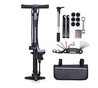 Dunlop Bomba de bicicleta con manómetro y kit de reparación de bicicletas, 14 piezas, juego de herramientas de bicicleta con mini bomba y kit de perforación, para válvula Presta Dunlop Schrader, color