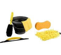 Dunlop Juego de limpieza para coche, 6 piezas, cepillo para llantas con paño de microfibra y guante de lavado, juego de lavado con cubo plegable y esponja, color negro y amarillo