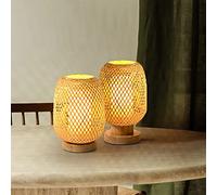 DUNMW Lámpara de mesa de bambú tejida a mano con pantalla interior de PVC Lámpara de noche de estilo Zen Lámpara de noche Lámpara de mesa decorativa para dormitorio, sala de estar