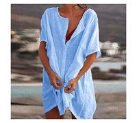 DUNSBY Bikini Cover Up Traje de baño de Playa Sexy Cubrir Mujeres Algodón Cubrir Traje de baño Casual Manga Corta Blusa Larga Color sólido Vestido de Playa Vestido de Playa (Color : Blue, Size : XXL)