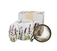 DUO Juego de taza de té con colador de té de acero inoxidable y tapa de porcelana, floral, diseño abombado, 400 ml, 3 piezas, en caja de regalo (Lavanda de Provenza)