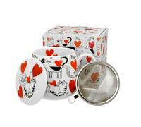 Duo Juego de tazas de té con colador de té de acero inoxidable y tapa, taza de té con colador, taza de regalo con infusor de té, 400 ml, 3 piezas, en caja de regalo, diseño de corazón