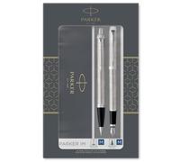 Dúo Parker equipado | IM | Acero inoxidable con detalles cromados | Bolígrafo medio y pluma estilográfica de plumín mediano | Tinta azul