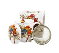 DUO Porcelain Taza con Infusor y Tapa Guacamayo Escarlata - Porcelana New Bone China - Diseño colorido de aves - Ideal para Té e Infusiones