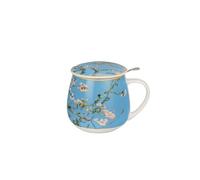 Duo Taza barril con infusor y tapa de porcelana New Bone China - Almendro en flor, diseño artístico inspirado en Van Gogh - Ideal para té e infusiones Porcelain