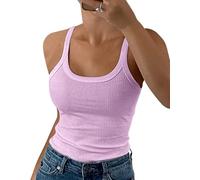 DUOEASE Camiseta sin Mangas Mujer 2025 Classic Cuello Crew Elegant Camiseta de Tirantes Slim fit Costilla Ropa Verano-Rosa Deep-XL