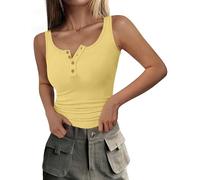 DUOEASE Camiseta Sin Mangas Mujer 2025 Cuello Crew Botones Top Mujer Verano Costilla Casual Amarillo-XS