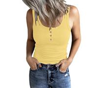 DUOEASE Camiseta Sin Mangas Mujer 2025 Cuello Crew Botones Top Mujer Verano Costilla Casual Amarillo-S