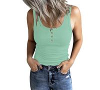 DUOEASE Camiseta Sin Mangas Mujer 2025 Cuello Crew Botones Top Mujer Verano Costilla Casual CianClaro-S