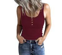 DUOEASE Camiseta Sin Mangas Mujer 2025 Cuello Crew Botones Top Mujer Verano Costilla Casual Vino-S