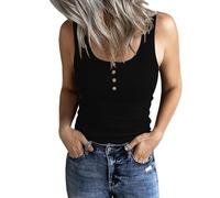 DUOEASE Camiseta Sin Mangas Mujer Negro 2025 Cuello Crew Botones Top Mujer Verano Costilla Casual Negro-S
