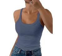 DUOEASE Debardeur Blanc Femme Col Rond Côtelés Basique Haut Blanc Femme Chic Extensible Azulclaro-XL